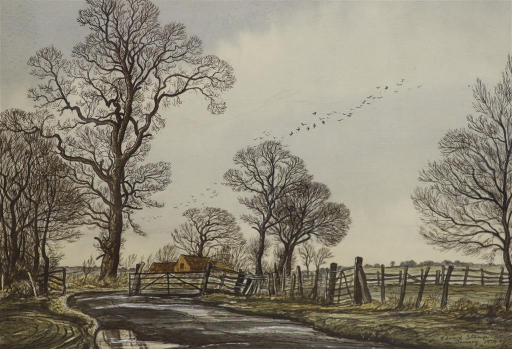 Edward Stamp, R.I., (b.1939-), ink and watercolour, Gated road, Quarrendon, Buckinghamshire, signed and dated 1974, 24 x 33cm